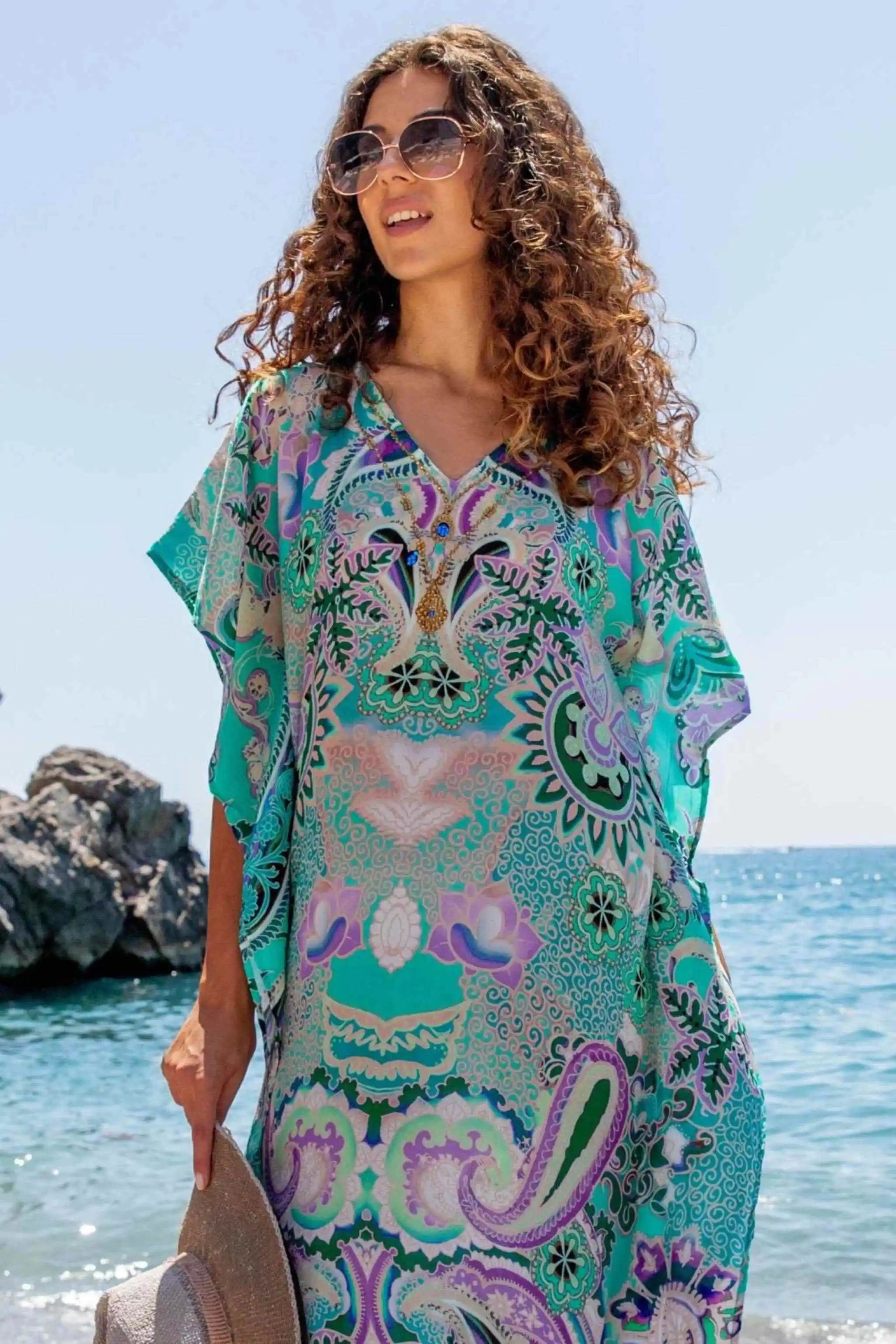 aqua black printed designer beach cover ups by Lindsey Brown resort wear