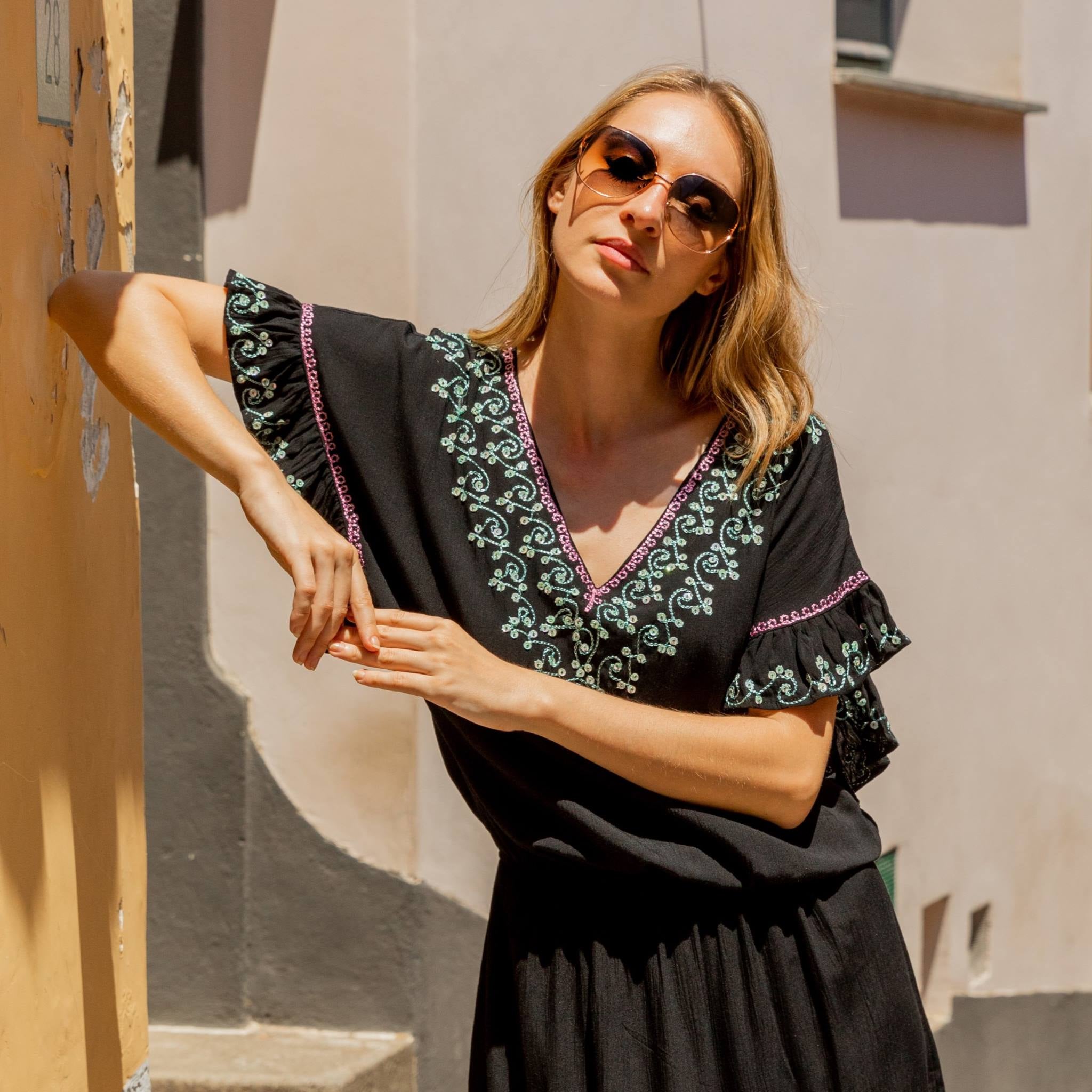 Black Aqua cotton drop waisted blouson black beach dress by Lindsey Brown resort wear