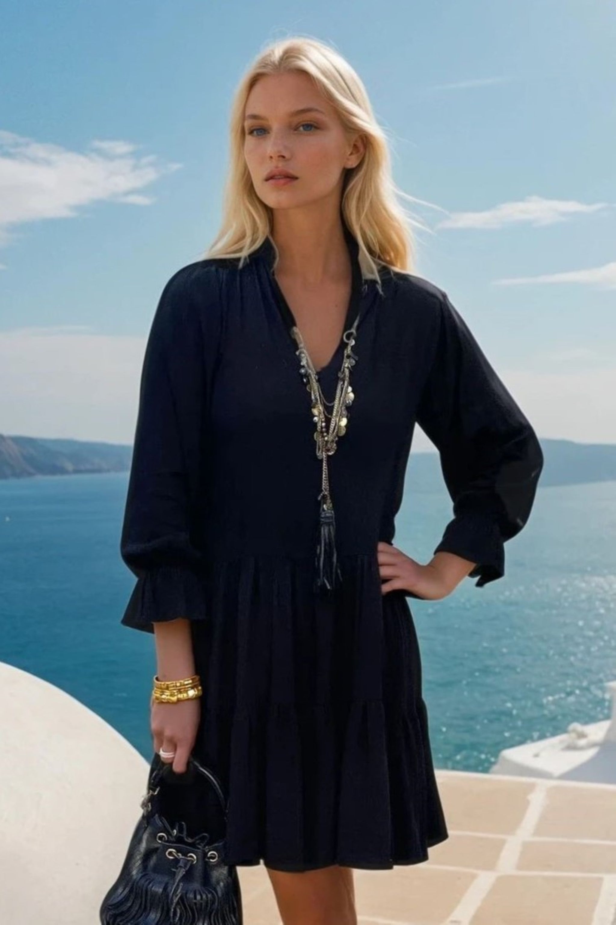 Black cotton holiday dress by lindsey brown cotton resort wear 