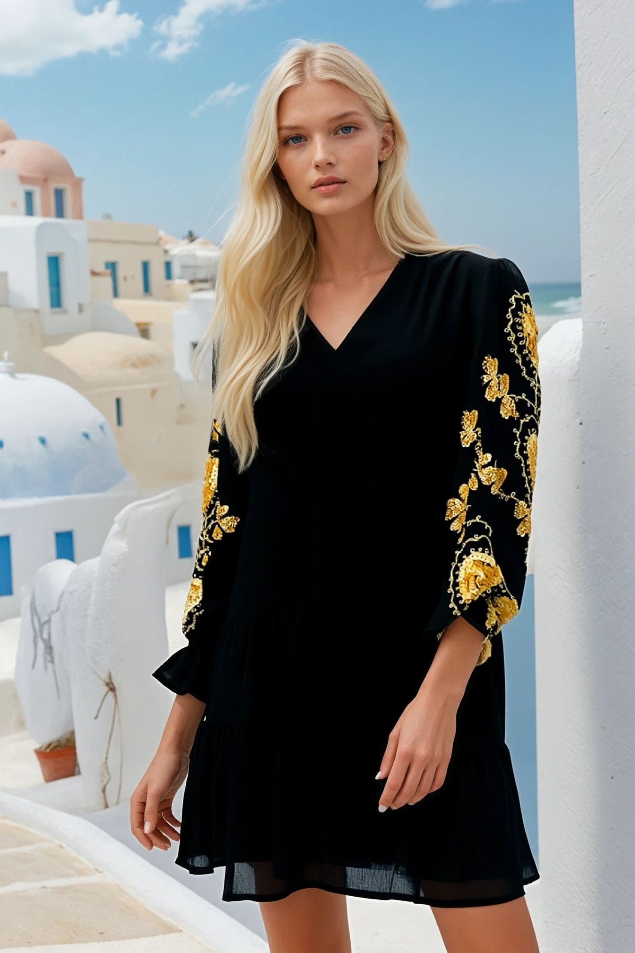 Black gold cotton beach dress to wear in summer loose floaty holiday dresses by Lindsey Brown resort wear