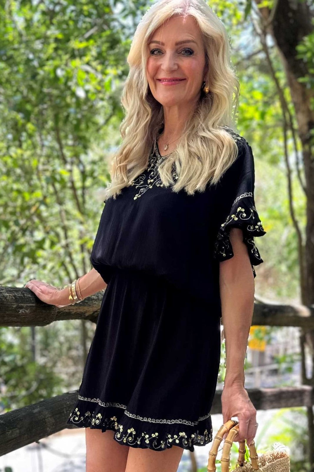 Black gold blouson beach dress by Lindsey Brown resort wear