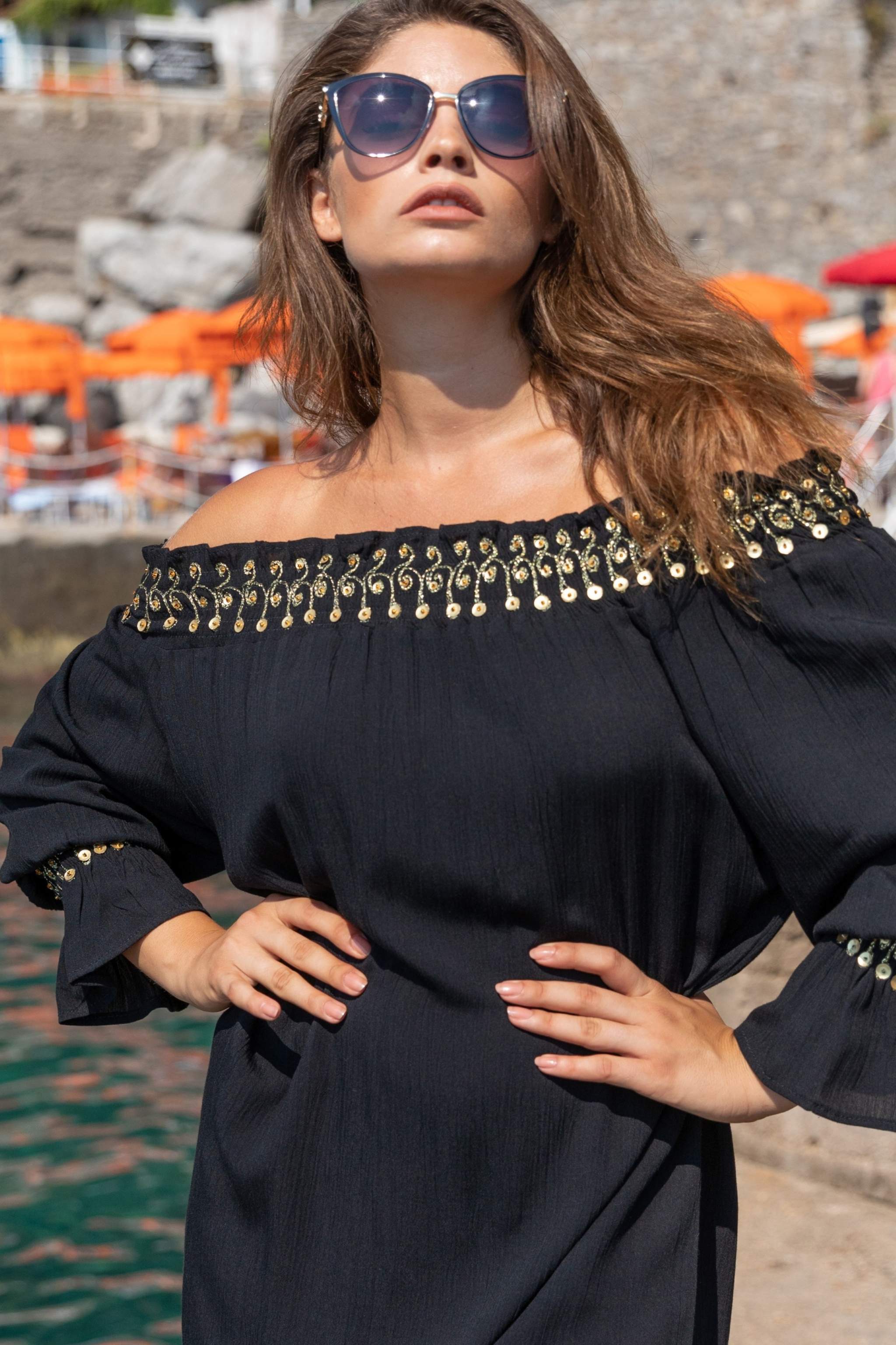 Black gold soft cotton off the shoulder dresses by Lindsey Brown resort wear