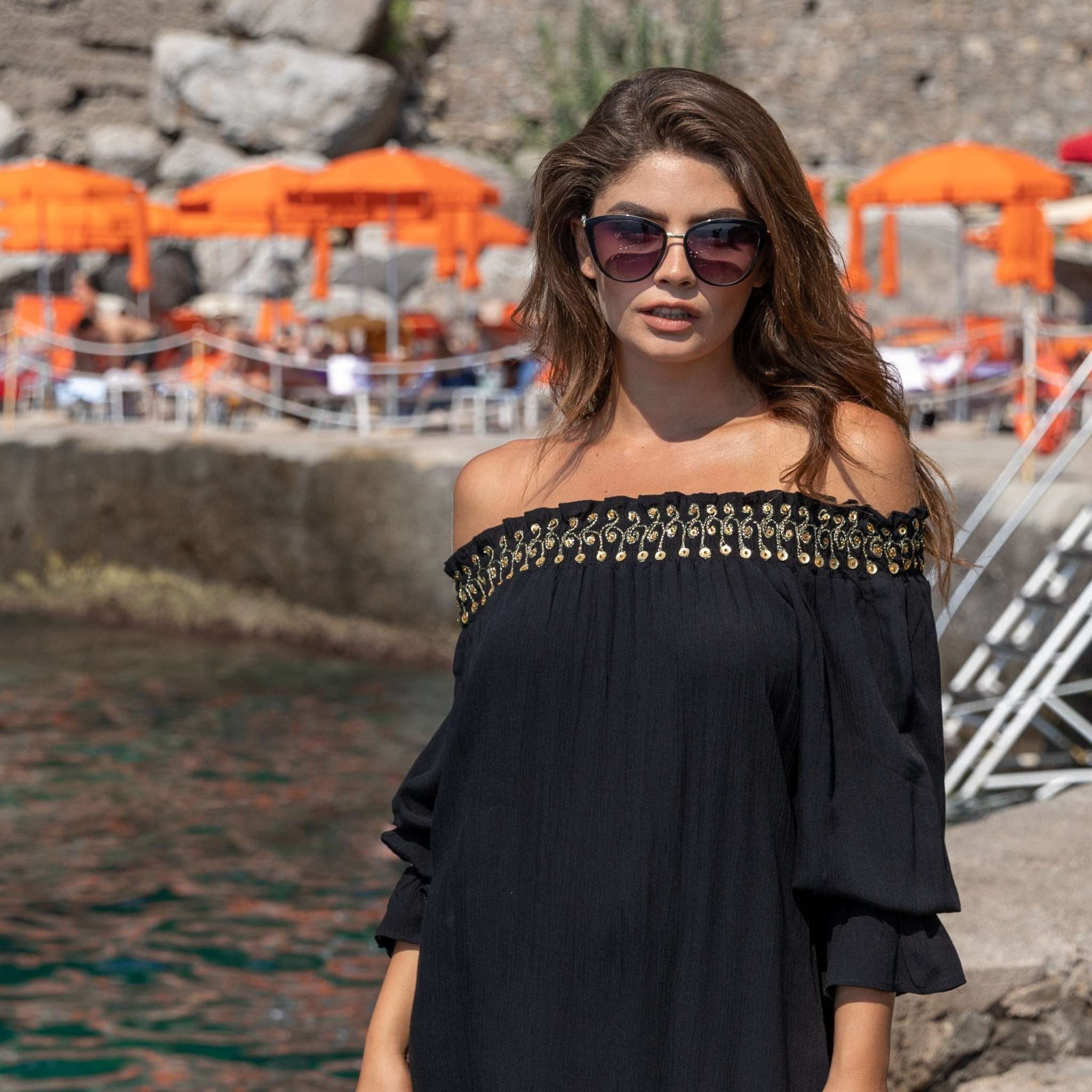 Black gold soft cotton off the shoulder holiday dresses by Lindsey Brown resort wear