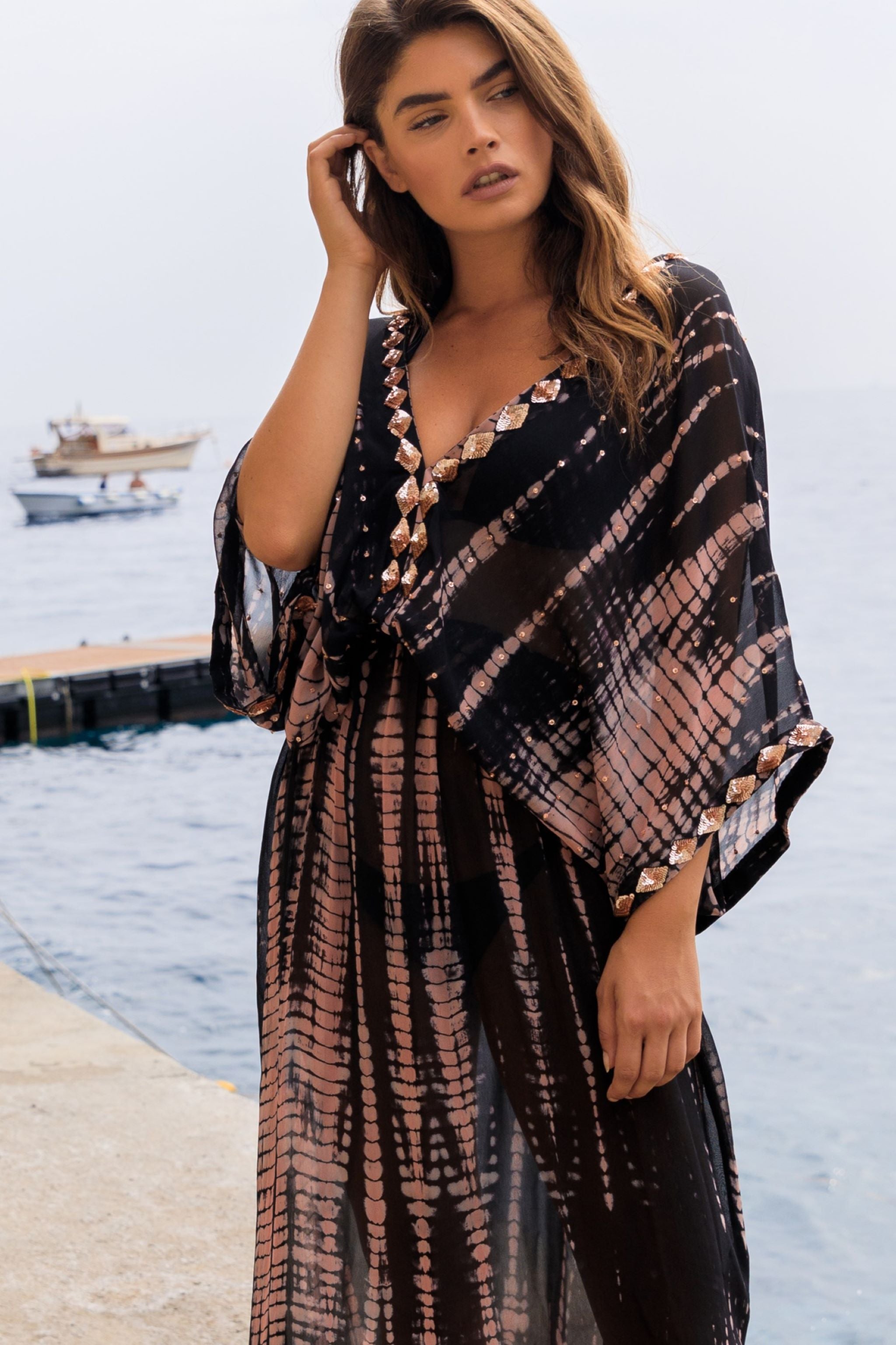black maxi kaftans by Lindsey Brown luxury silk resort wear 