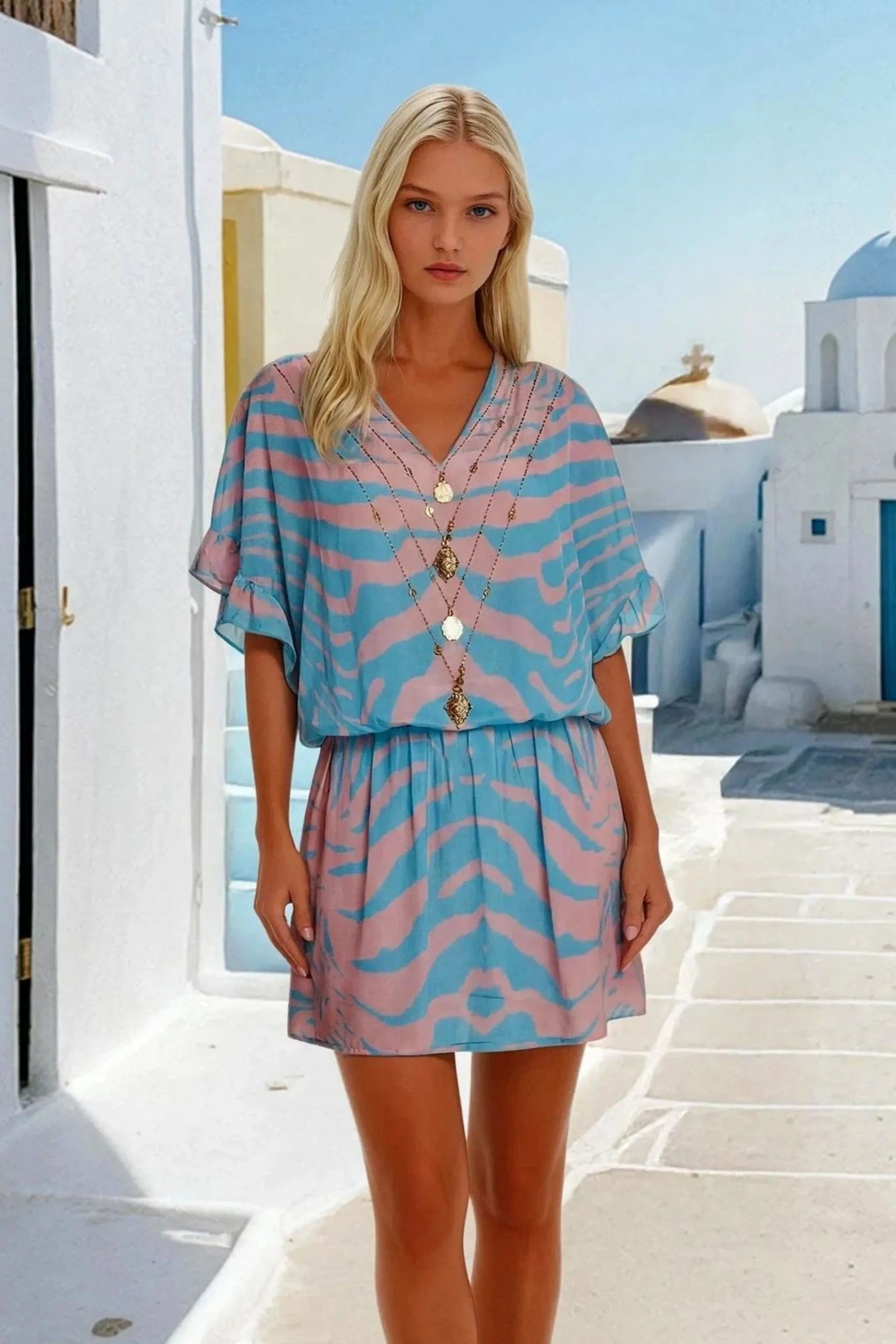 blue pink printed silk crepe bloused beach dress by Lindsey Brown