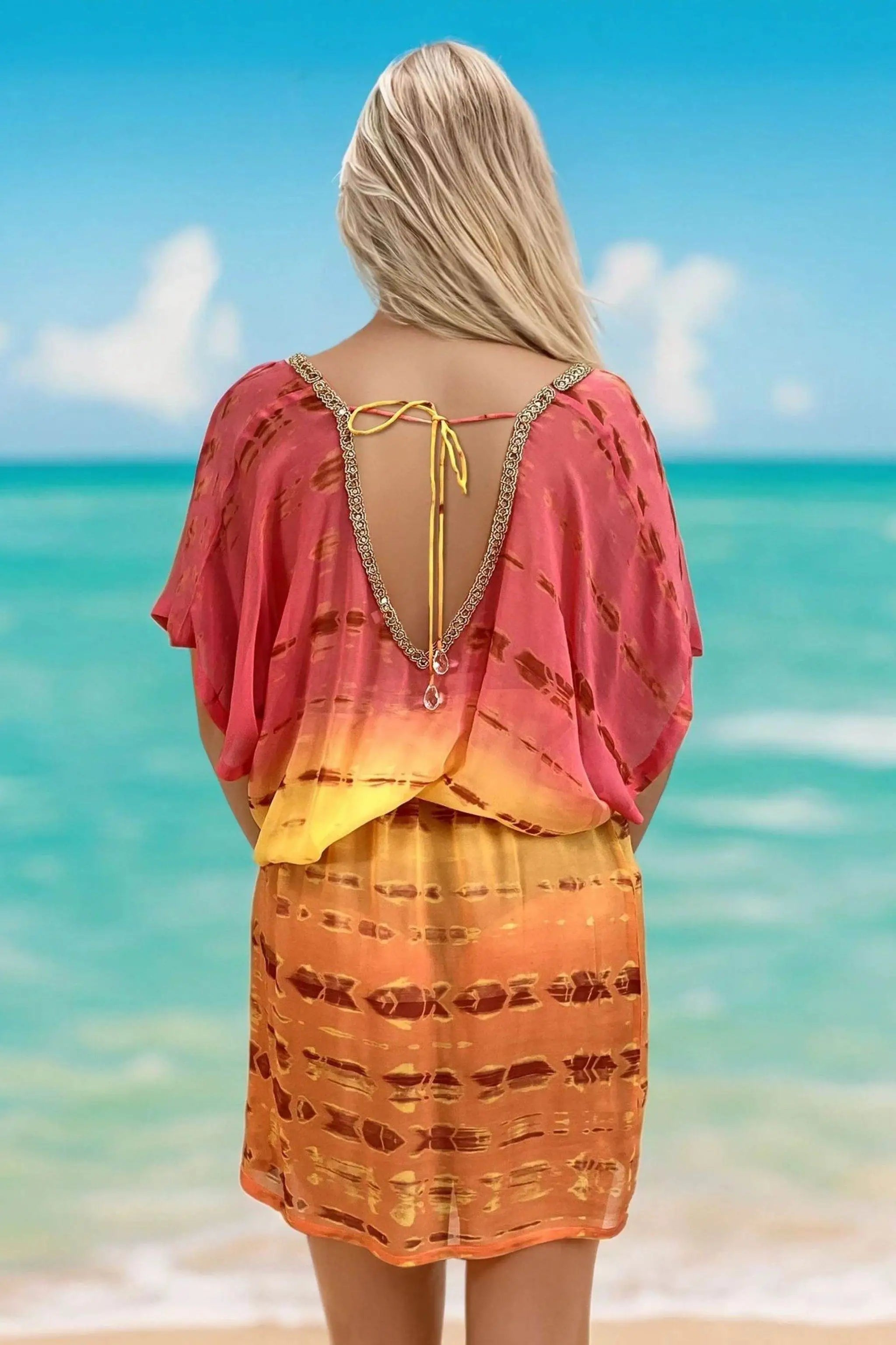 coral orange silk v back kaftan dress