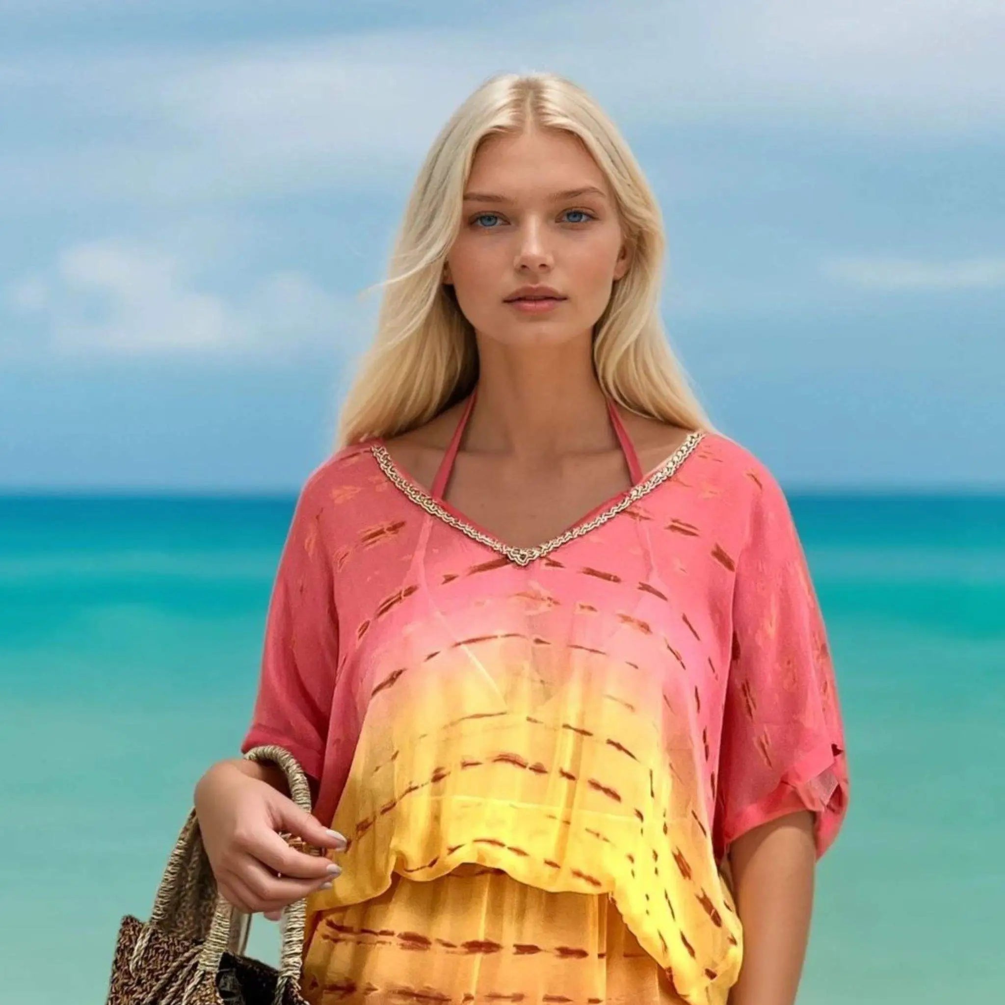 coral yellow and orange silk tie dye kaftan dress by Lindsey Brown