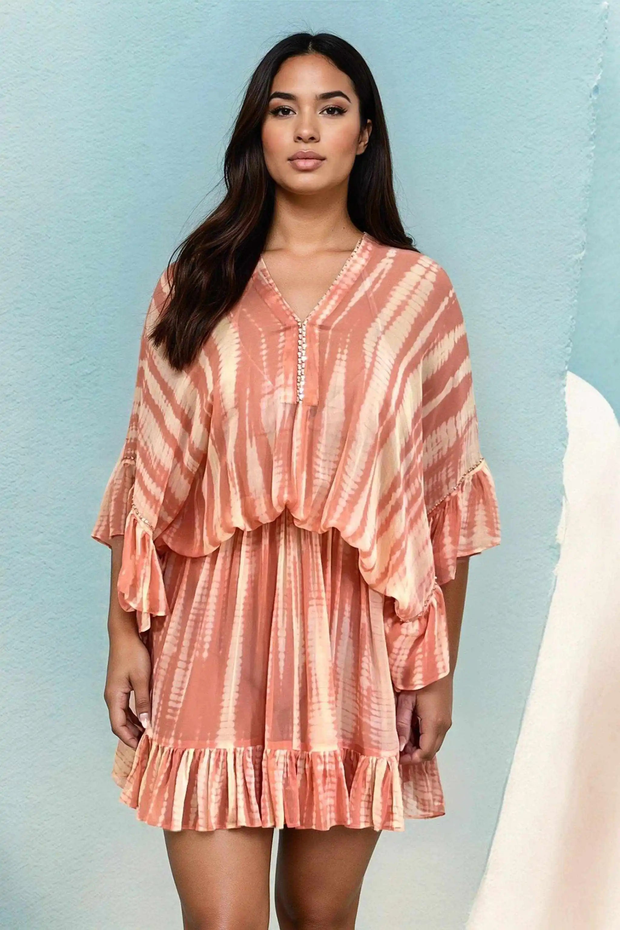 peach and blush silk tie dye bloused kaftan dress by Lindsey Brown resort wear