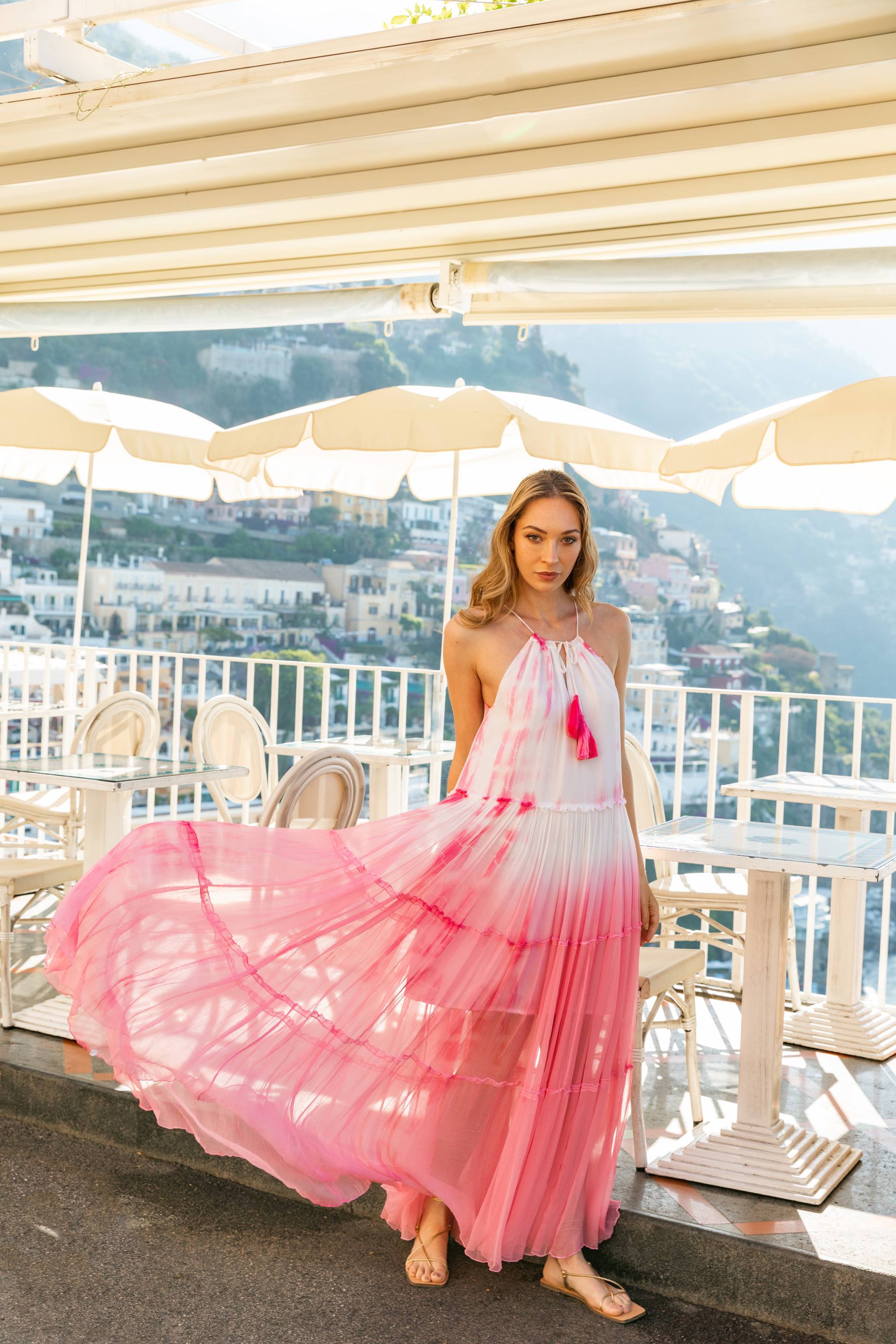 Pink silk floaty summer maxi dress by Lindsey Brown luxury silk resort wear 