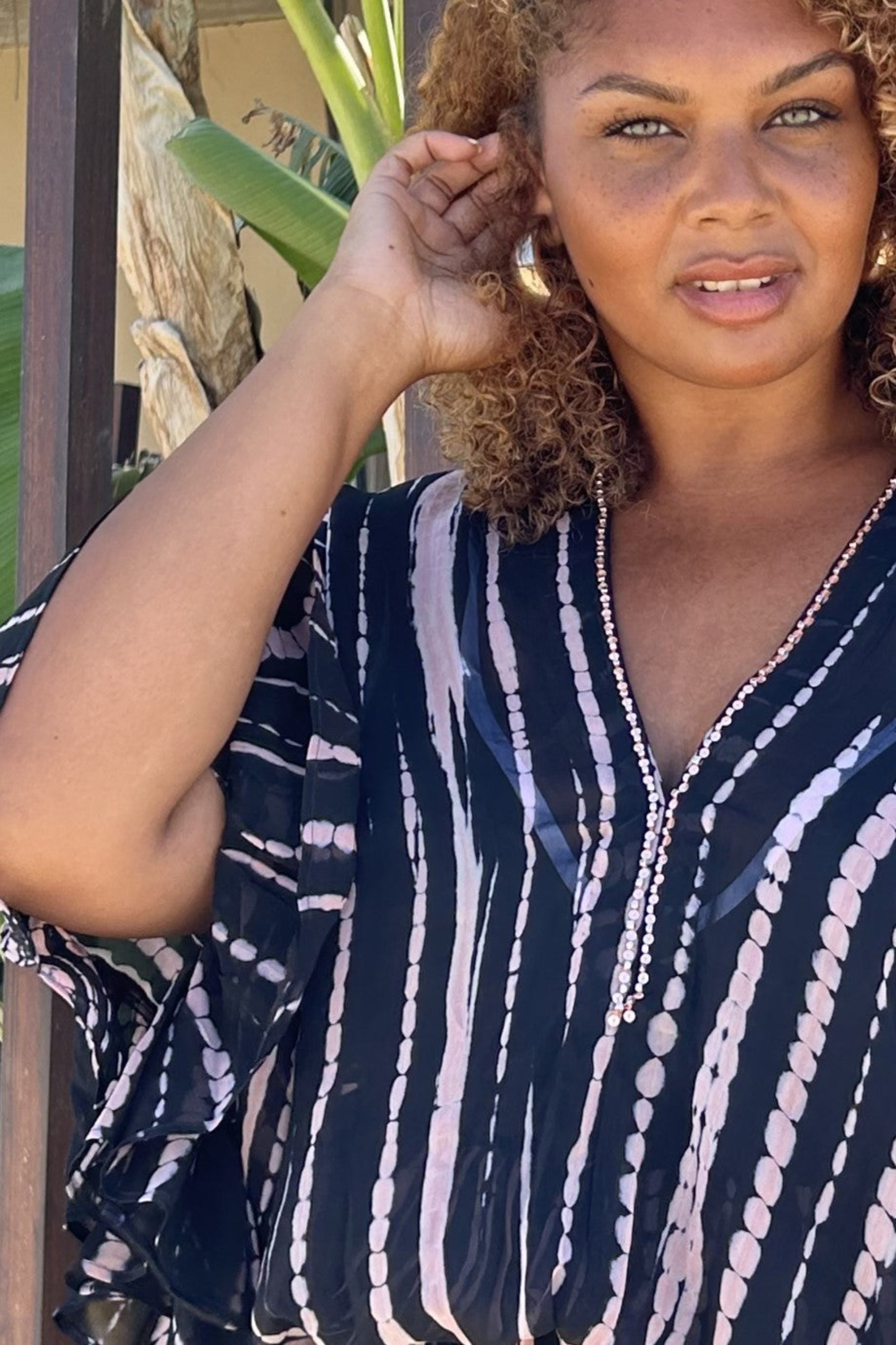 plus size black pink silk kaftan dress by Lindsey Brown glam beachwear