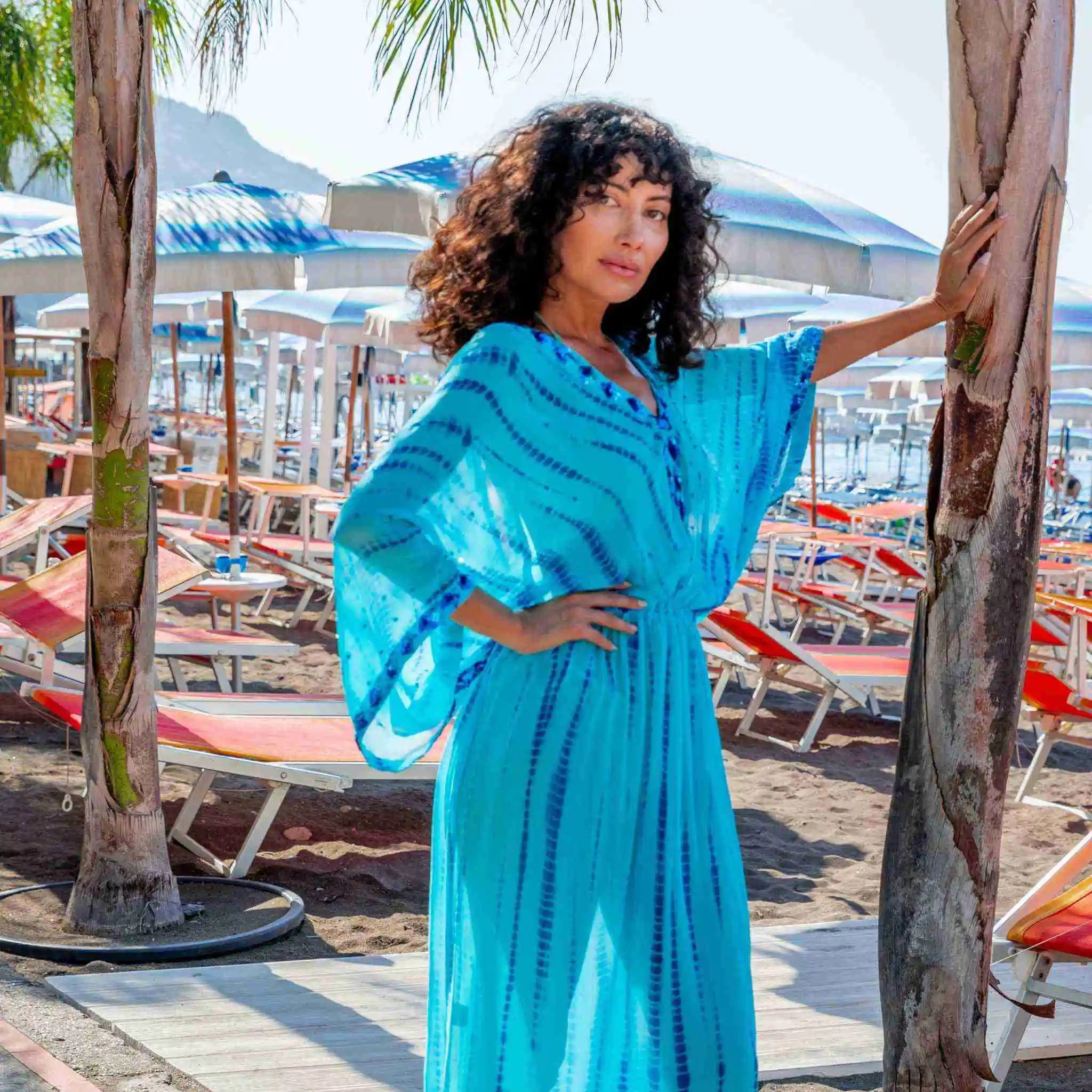 turquoise blue silk luxury maxi kaftans by Lindsey Brown