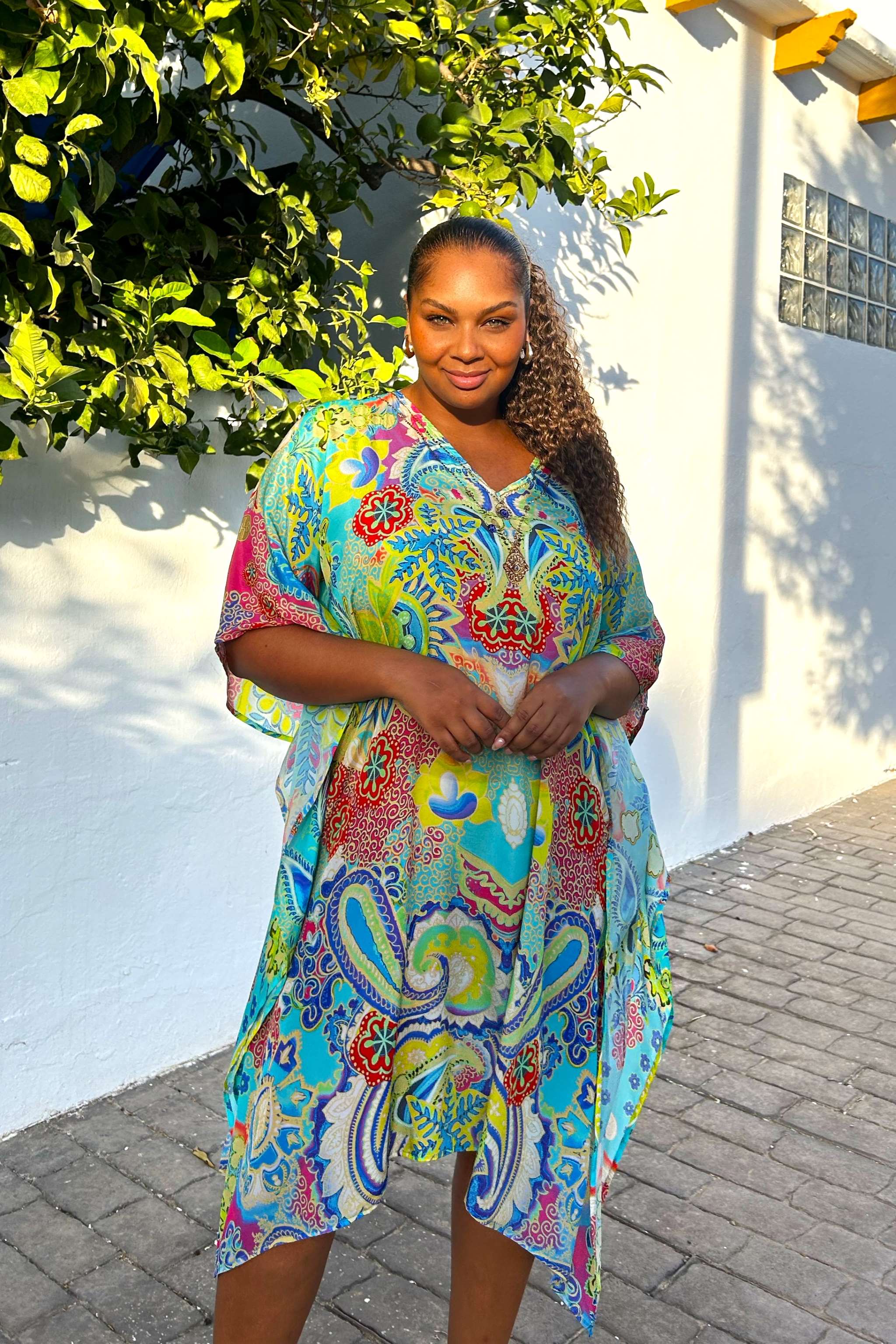 turquoise yellow silk plus size designer beach cover-ups by Lindsey Brown