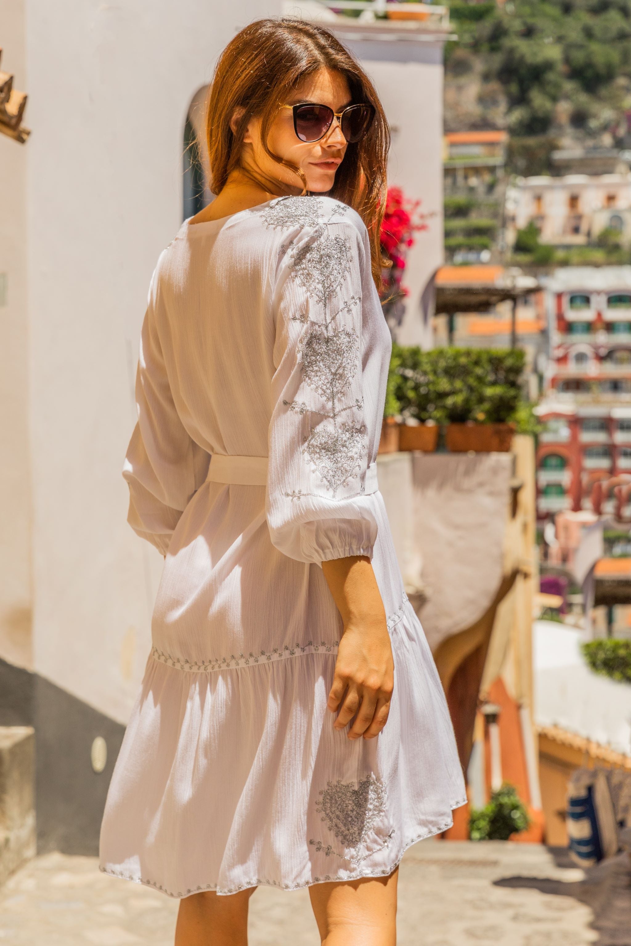 White silver cotton beach dress with matching belt by Lindsey Brown luxury resort wear 