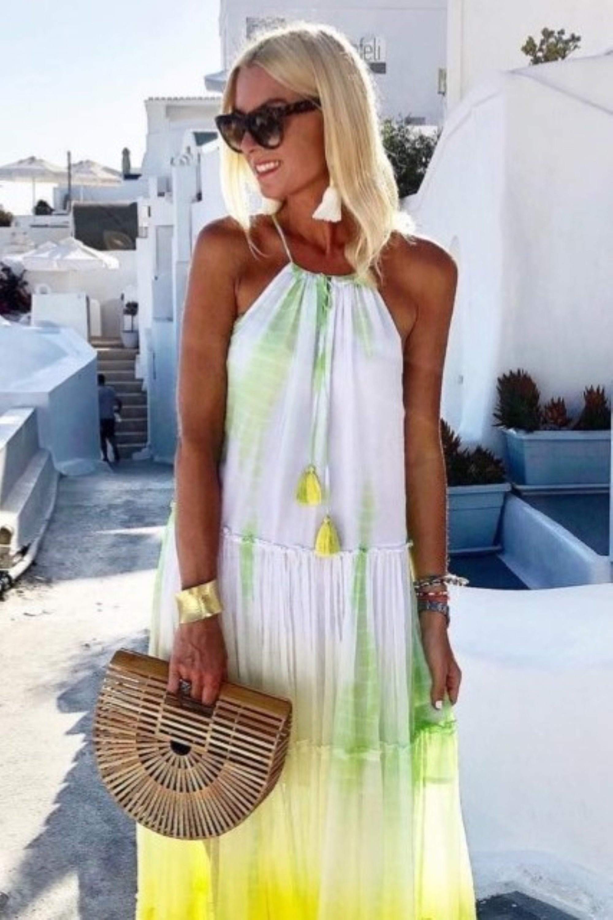 Yellow silk holiday dresses to wear on holiday in Santorini by Lindsey Brown resort wear 